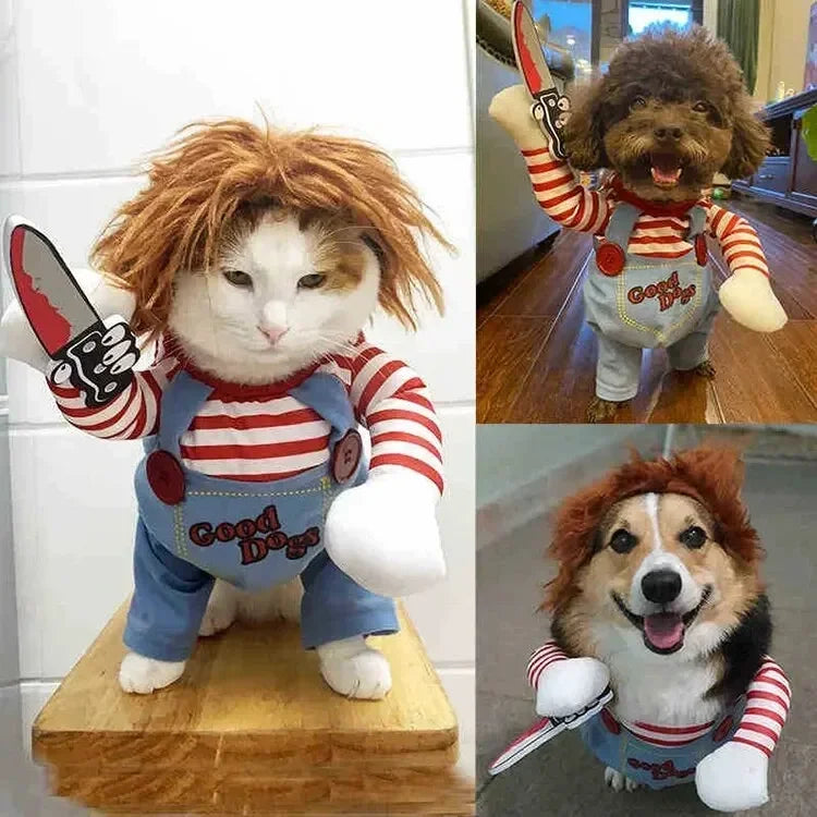 Halloween roupas para cães de estimação transformados vestuário para animais de estimação e peruca para festa de férias suprimentos para animais de estimação engraçado boneca sangrenta com faca traje do cão