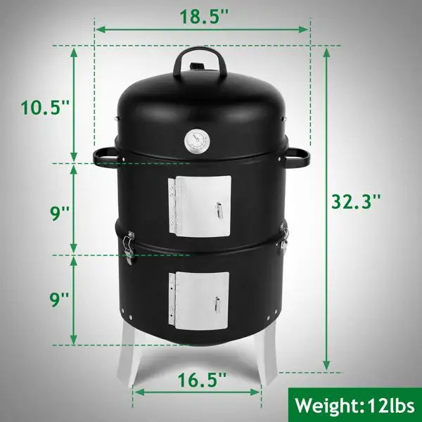 Heavy-Duty Double Layer Round BBQ Grill Black Vertical Steel Charcoal Smoker for Outdoor Cooking