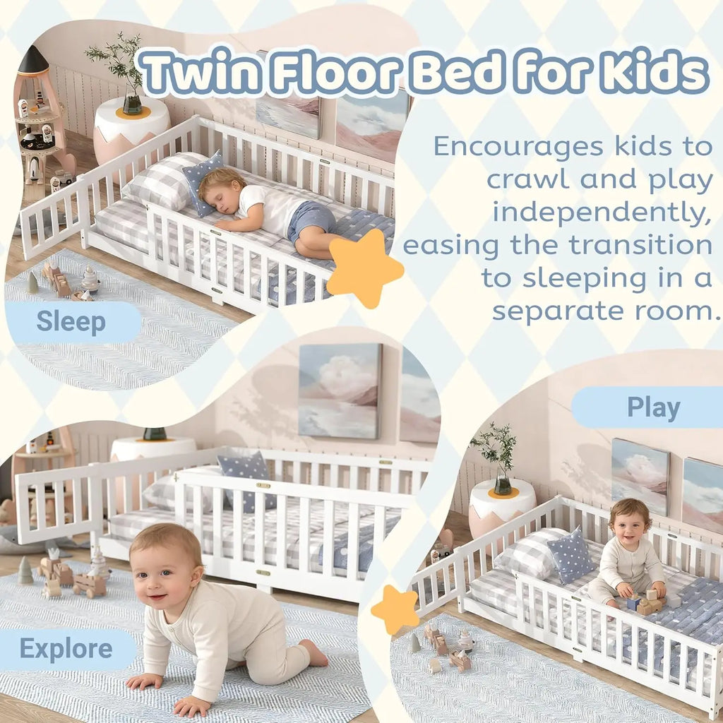 Cama de chão de tamanho duplo com ripas e porta, estrutura de cama de chão Montessori com trilhos altos, camas infantis de madeira dupla com cerca, sem caixa de mola