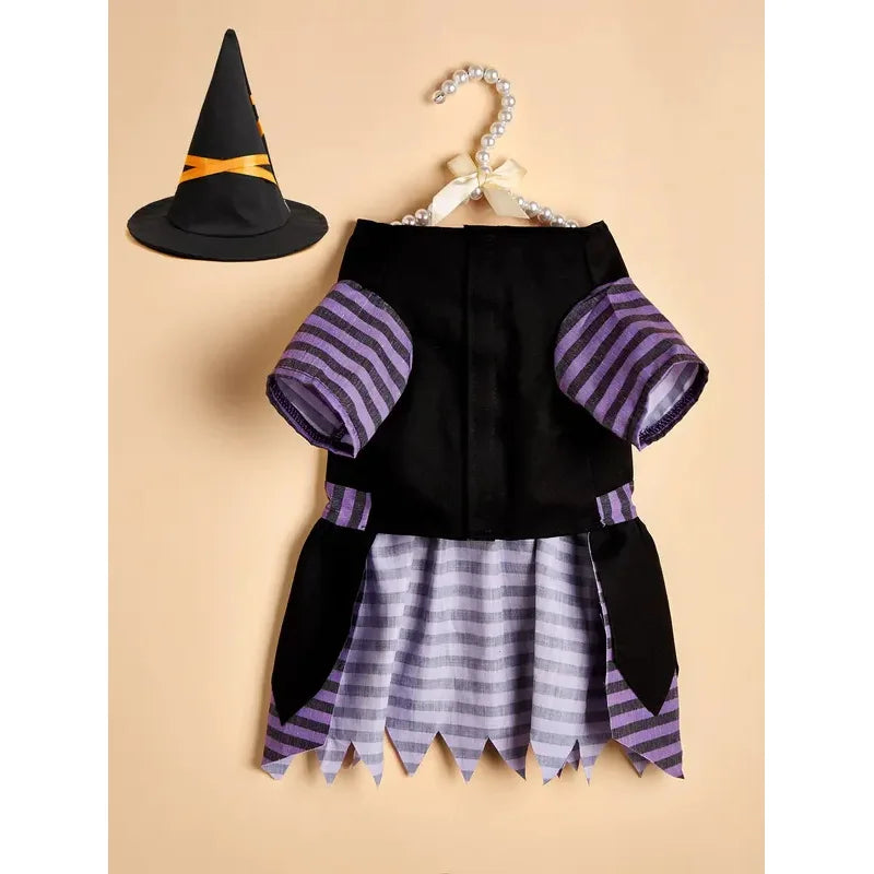 Fantasia de Bruxa para Animais de Estimação de Halloween com Chapéu, Vestido de Bruxa para Cães e Gatos, Roupa de Cosplay para Filhotes e Gatinhos, Fantasia para Festa de Fim de Ano