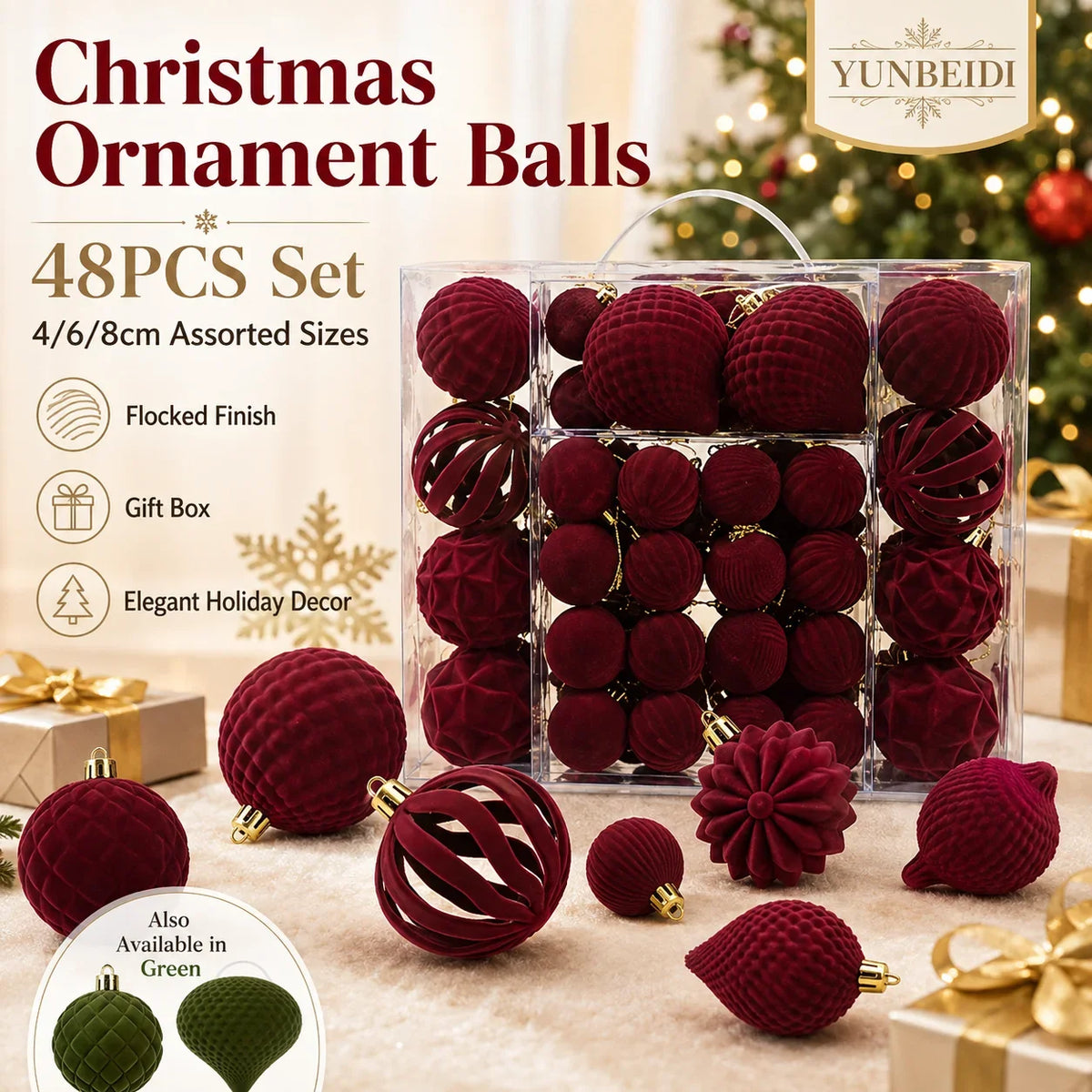 Conjunto de Bolas de Natal de Veludo 48 Peças, Enfeites Plásticos Flocados para Decoração de Árvore de Natal DIY, Decoração Suspensa para Festas e Casa