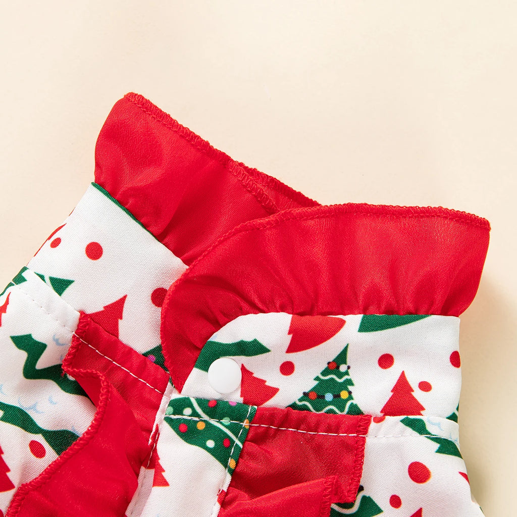 Vestido de Natal para Pets com Estampa de Árvore de Natal, Saia com Babados, Roupa de Festa para Cães e Gatos de Pequeno e Médio Porte, Fantasia Fofa para Pets