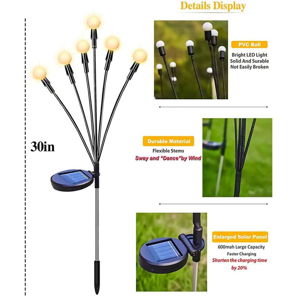 6/8/10led firefly luz solar led, decoração de jardim ao ar livre luzes de paisagem, lâmpadas de gramado, terraço de casa de casamento de natal