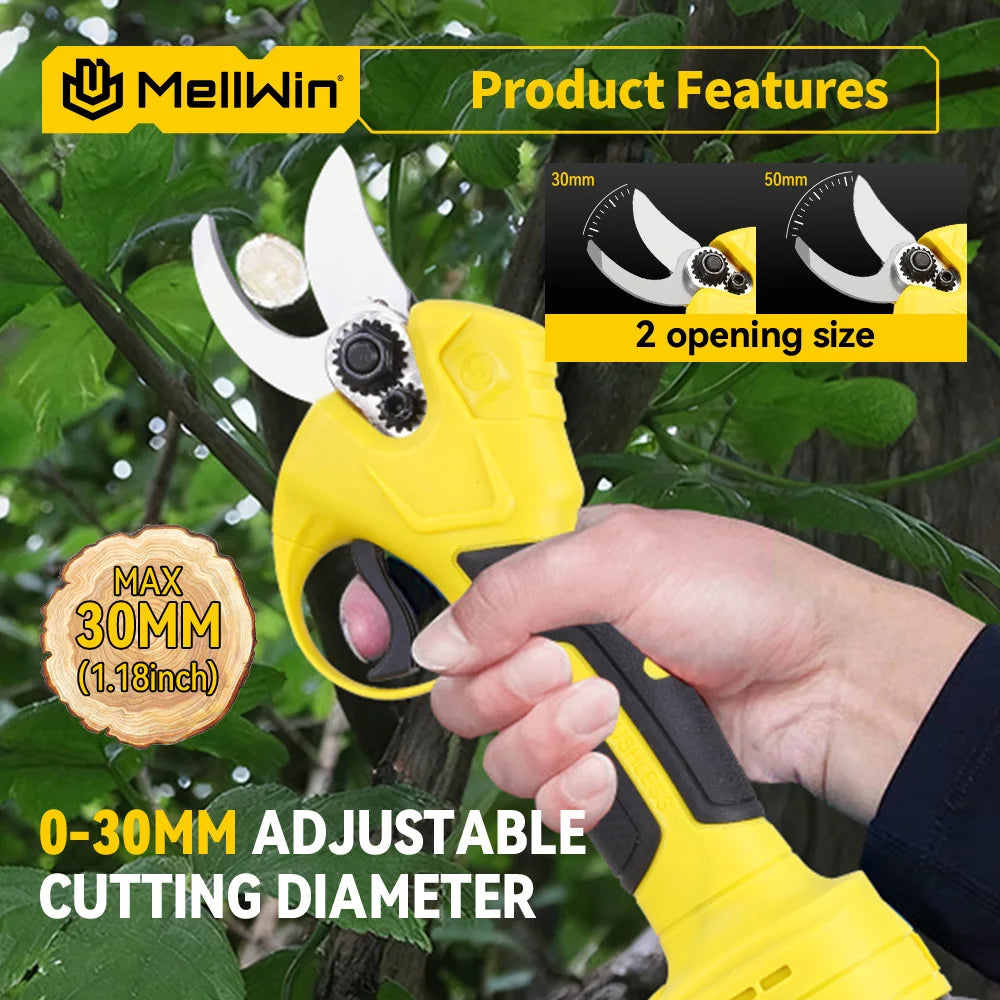 Mellwin 30mm tesouras de poda elétricas sem escova sem fio cortador de galhos de árvores frutíferas tesoura de jardim para makita 18v bateria pino
