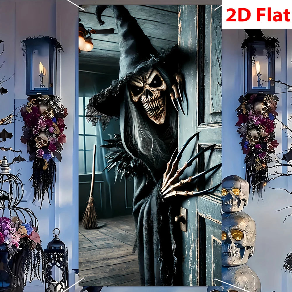 Decoração Assustadora de Halloween: Esqueleto e Bruxa para Porta, Casa Assombrada, Varanda, Garagem, Cenário de Festa de Terror e Fundo para Fotos