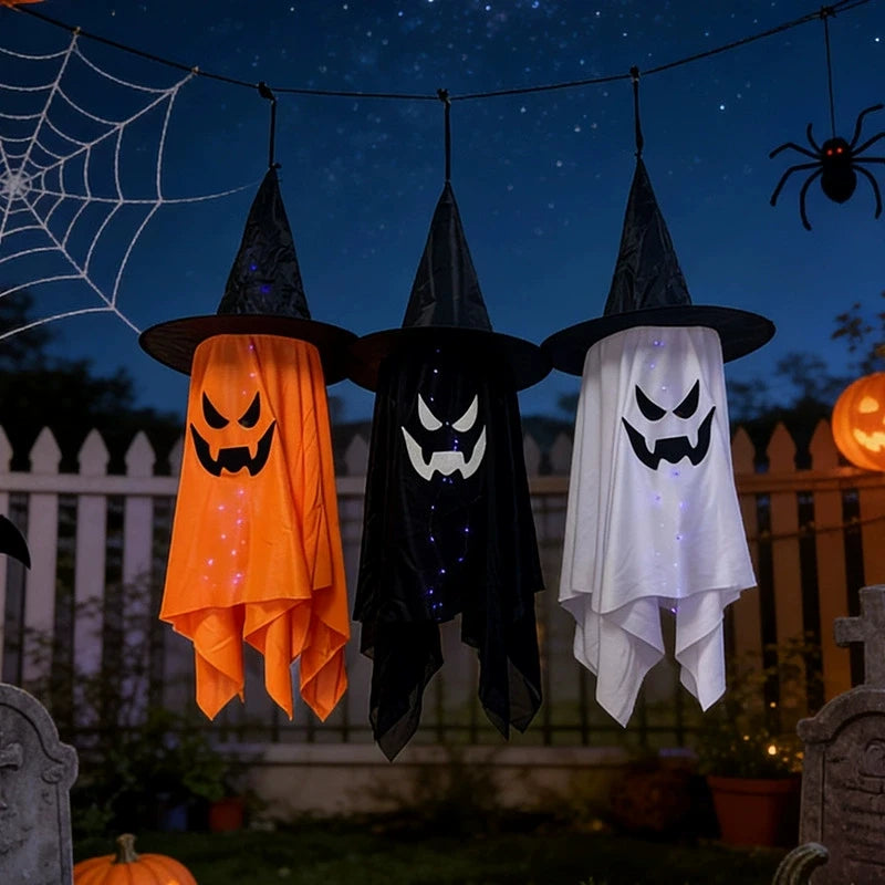 Chapéu de Bruxa LED Brilhante para Halloween, Pendentes de Fantasma, Ornamento Iluminado para Pendurar, Decoração de Porta Externa para Festa de Feriado e Cenário de Jardim