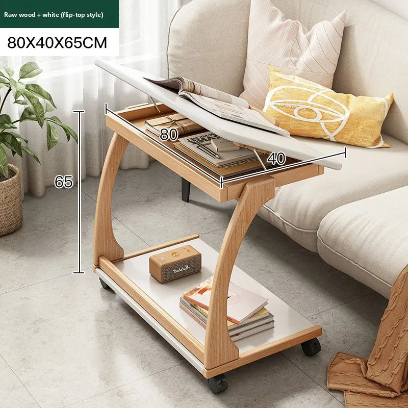 Mesa de centro móvel de madeira maciça, prateleira de armazenamento para sala de estar, mesa lateral dobrável para sofá de sala de estar, mesa de cabeceira de madeira maciça para quarto