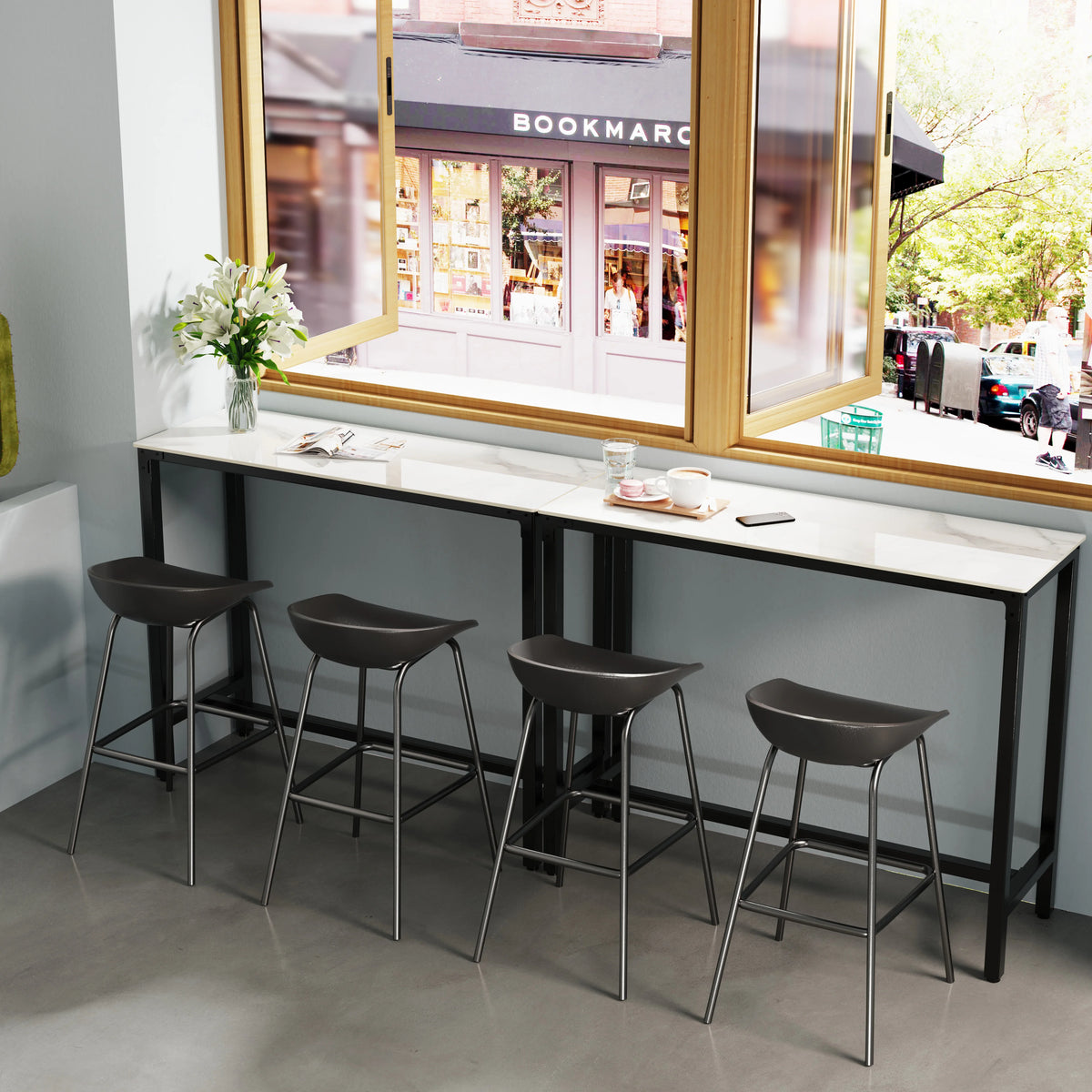 Retângulo sinterizado pedra bar mesa, alta Top Pub mesas, mesa de jantar com metal preto frame, contra altura, branco