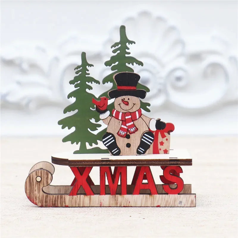 Decorações de natal de madeira diy trenó esqui dos desenhos animados santa ornamento de mesa presente das crianças pequeno presente