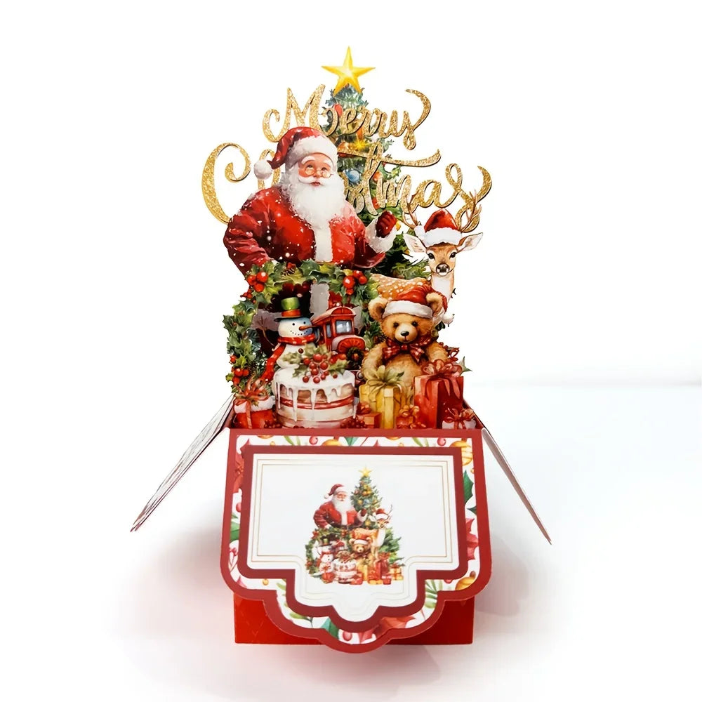 Cartões de Natal com Tema de Árvore de Natal, Papai Noel e Rena, Cartão Pop-Up 3D com Envelope, Suprimentos de Decoração para Festas de Fim de Ano, 1 unidade