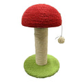 Tirador de gato em forma de cogumelo vermelho com almofada de sisal, mini vila para animais de estimação e base pom-pom verde