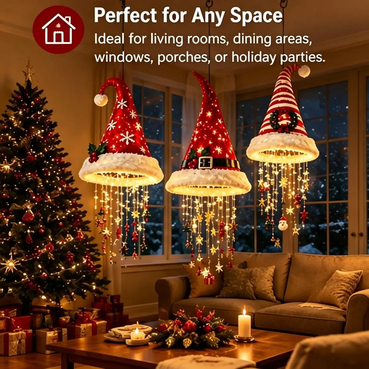 Decoração de Natal: Chapéu de Papai Noel para Pendurar, Luz de Teto com Estrela, Sino e Enfeite de Árvore, Decoração para Festas e Festividades de Natal em Casa