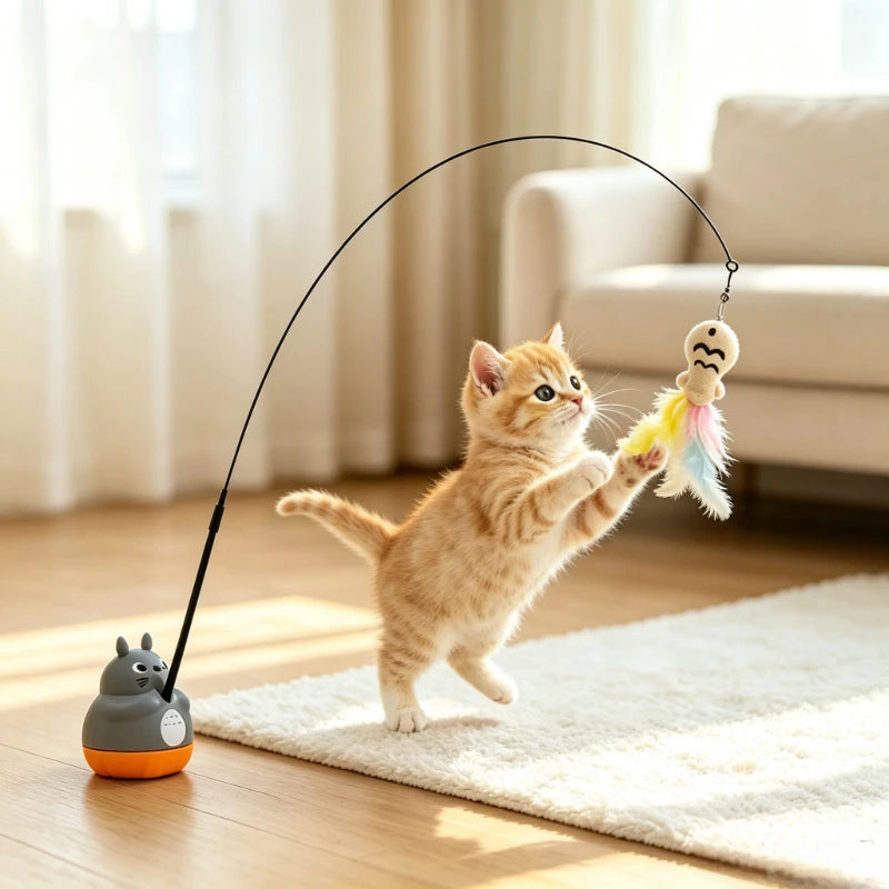 Varinha de Brincar para Gatos com Base Rotativa, Fio de Aço Longo e Pena, Brinquedo Interativo para Alívio do Estresse e Exercício em Ambientes Internos para Gatinhos