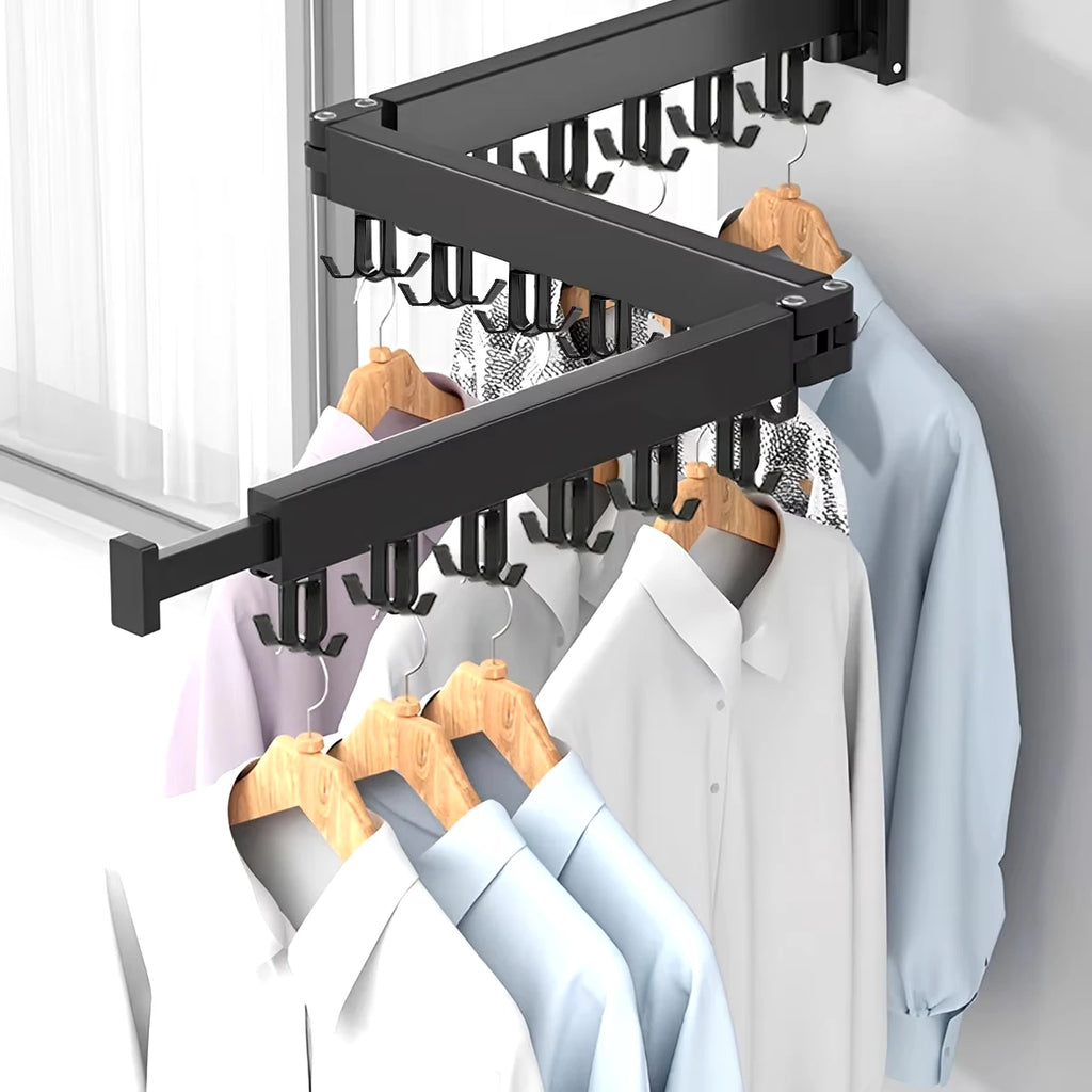 Rack de secagem de roupas-retrátil dobrável forte suporte de carga interior de parede de alumínio simples e conveniente rack de roupas