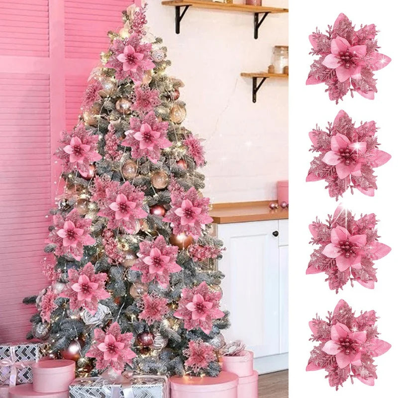 Natal glitter flores artificiais árvore de natal pendurado ornamentos flor falsa para casa 2025 natal ano novo 2026 navidad presente