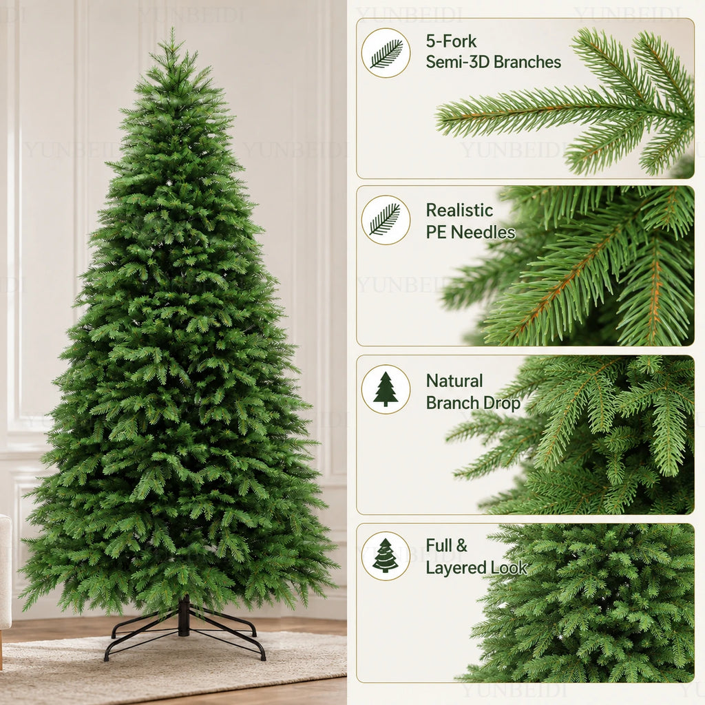 Árvore de Natal Artificial 100% PE com Luzes LED de Alta Qualidade, Grande Árvore de Natal de 1,2m a 2,4m para Decorações de Natal em Casa