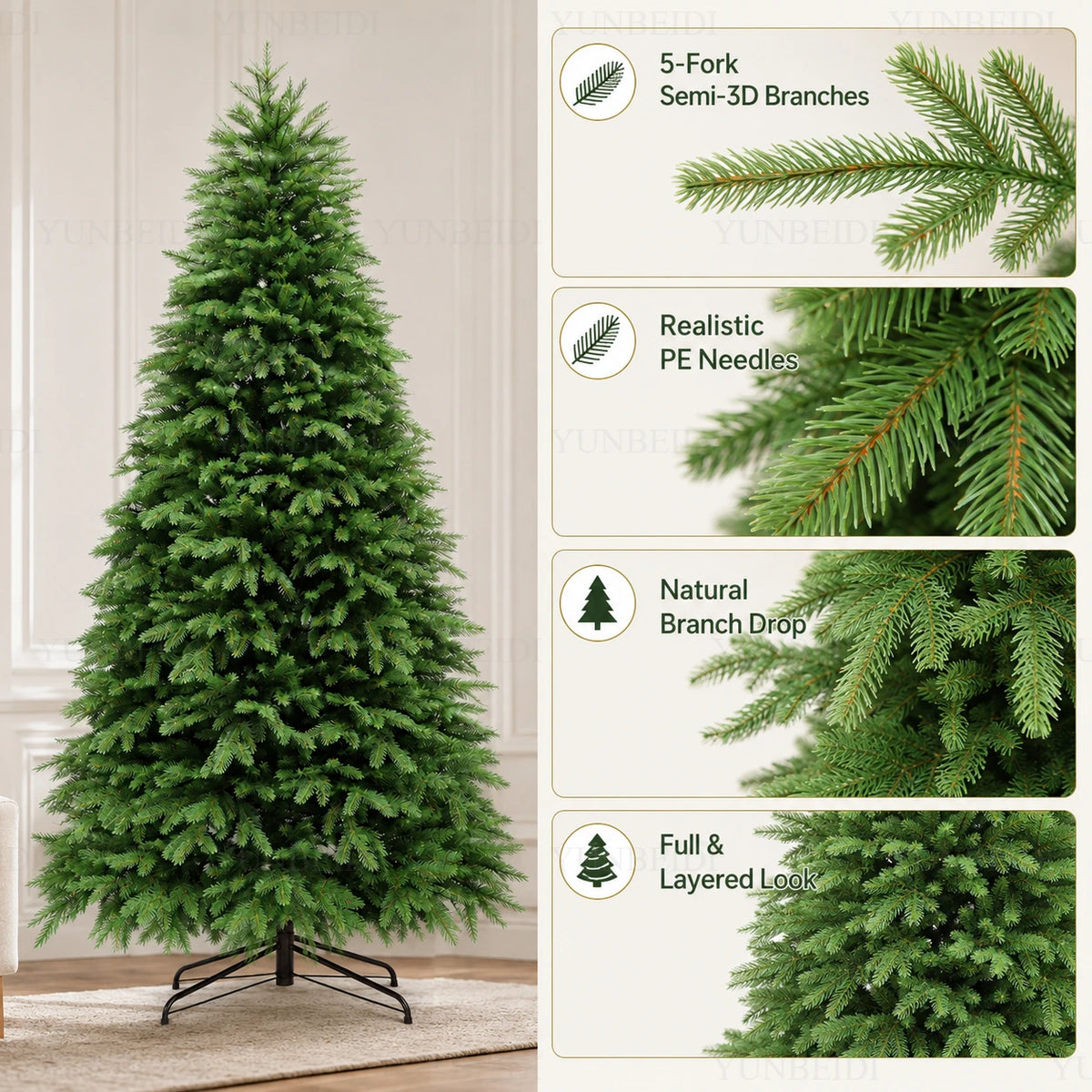 Árvore de Natal Artificial 100% PE com Luzes LED de Alta Qualidade, Grande Árvore de Natal de 1,2m a 2,4m para Decorações de Natal em Casa