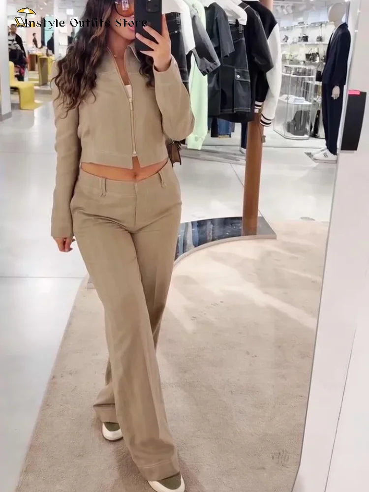 Casual Trousers Set Women Cotton Linen Lapel Zippers Crop Top Straight Pants Sets Lady 2026 Spring Solid Suit Woman Streetwear