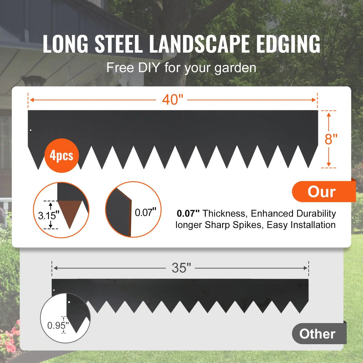 4-Pack 40\"L X 8\"H Steel Landscape Edging with 6 Clips Hammer Bendable Garden Borders Garden Tools