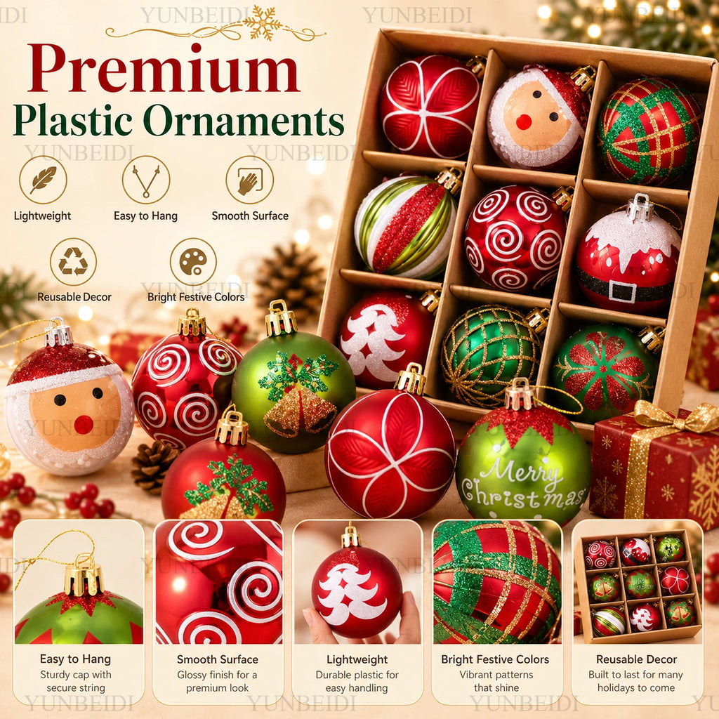 Enfeites de Bolas de Natal 9PCS 6cm Conjunto de Bolas de Plástico DIY Decorações para Pendurar na Árvore Vermelho Verde para Decoração de Natal em Casa e Festas