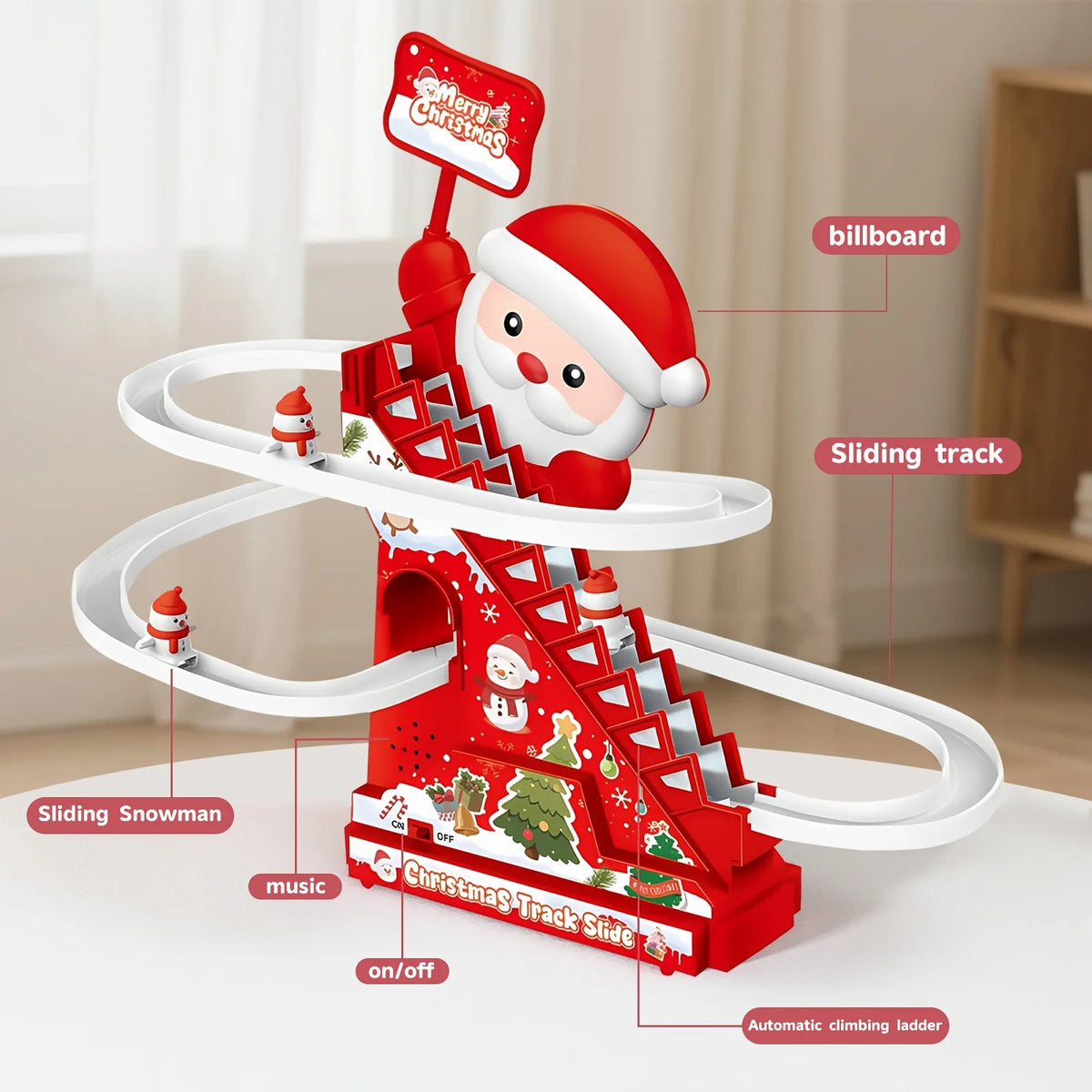 Escadas, escorregadores, brinquedos de Papai Noel, decorações de Natal, o melhor presente para crianças durante o Natal