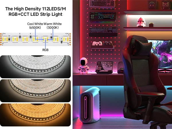 Fita de LED 5m 5050 RGBCCT 5 em 1 com 112 LEDs/m, 6 pinos, RGBCW RGBWW RGBW RGB WW CW 3000K-6000K, 12mm, Luzes LED DC24V