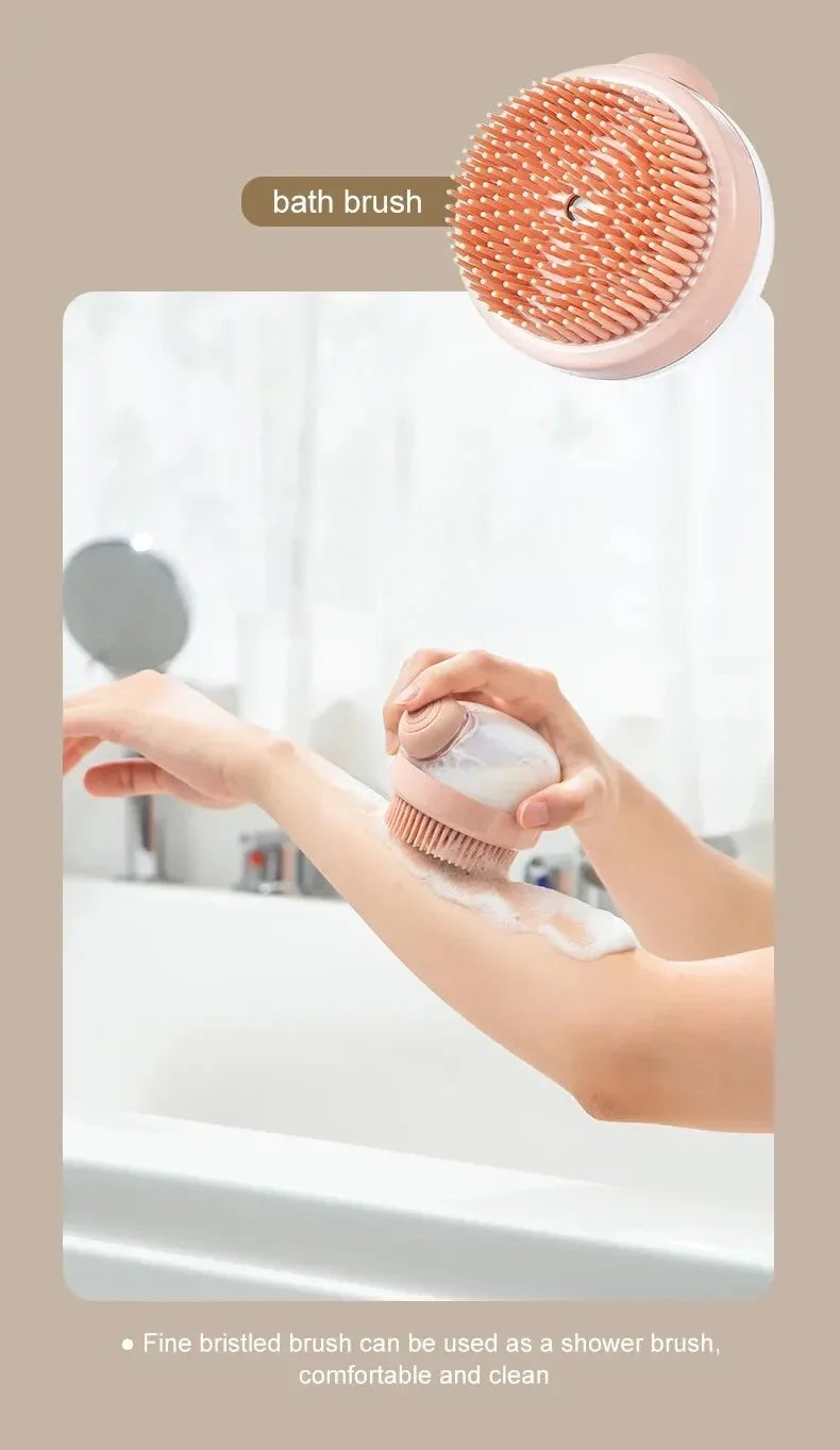Escova de banho para animais de estimação, silicone macio com dispensador de shampoo, massagem suave para aliciamento e limpeza de pele e cabelo