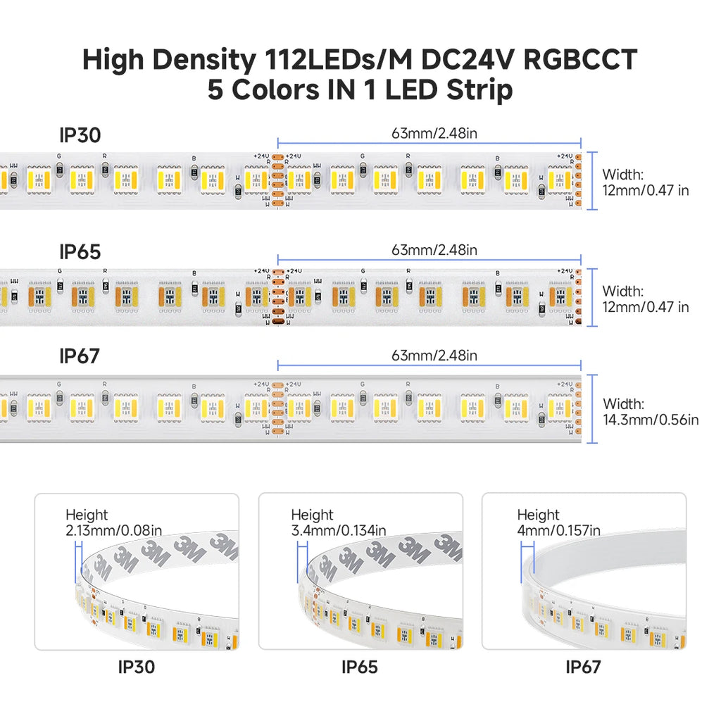 Fita de LED 5m 5050 RGBCCT 5 em 1 com 112 LEDs/m, 6 pinos, RGBCW RGBWW RGBW RGB WW CW 3000K-6000K, 12mm, Luzes LED DC24V