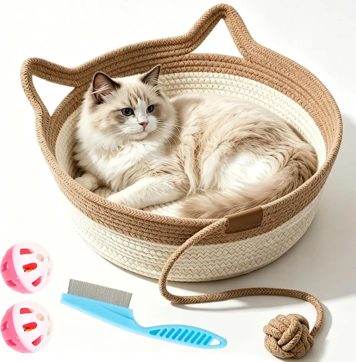 Cesto Cat Instinct - Cama Divertida de Corda de Algodão Tecida à Mão, Equipada com uma Cauda de Brinquedo