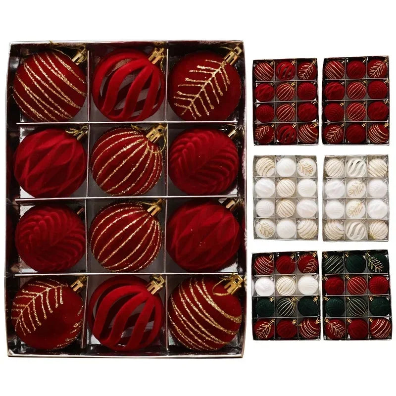 12 Peças de Enfeites de Árvore de Natal em Veludo, Bolas de Natal Flocadas, Decorações de Bolas de Natal, Enfeites de Natal para Pendurar na Árvore
