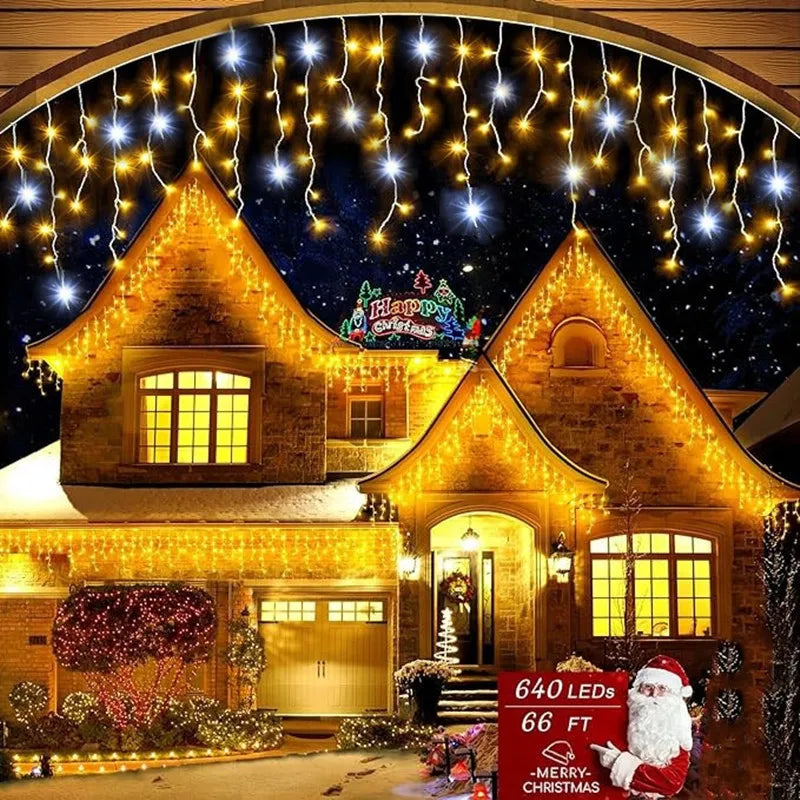 Decorações de Natal 2026: Guirlanda de Estrelas 4M (L) x 0.4/0.5/0.6M (A) com Luzes Piscantes (Branco Quente + Branco Frio) 8 Modos LED Festoon