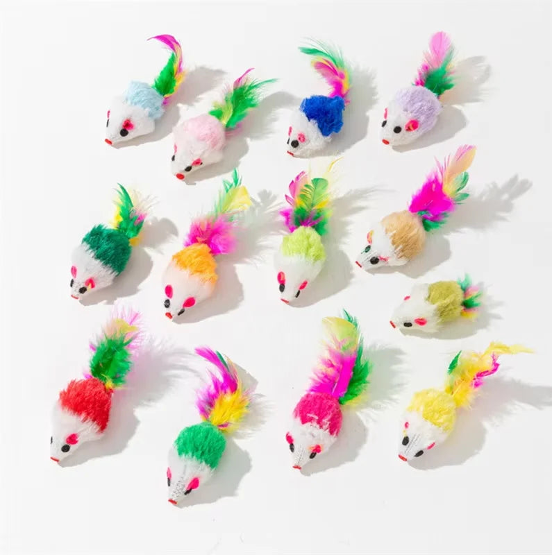 5 ou 10 Peças Brinquedos de Pelúcia para Gatos, Rato Falso de Pelo de Coelho, Rato de Pena Arco-Íris, Brinquedos Divertidos para Gatinhos de Interior, Novo Kasa & Pet
