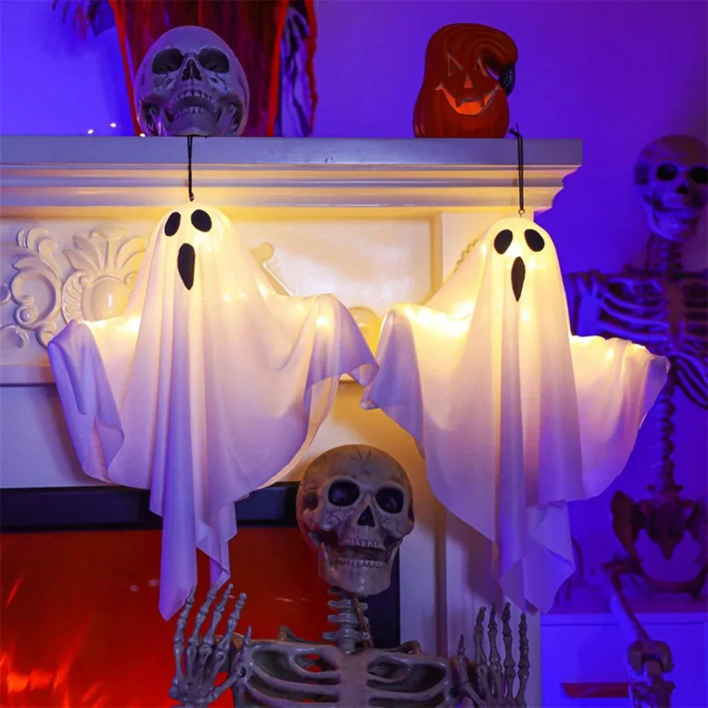 Fantasma Luminoso de Halloween Laranja ou Branco, Decoração de Fantasma em Tecido com Luzes LED para Varanda, Quintal e Decoração de Casa Assombrada