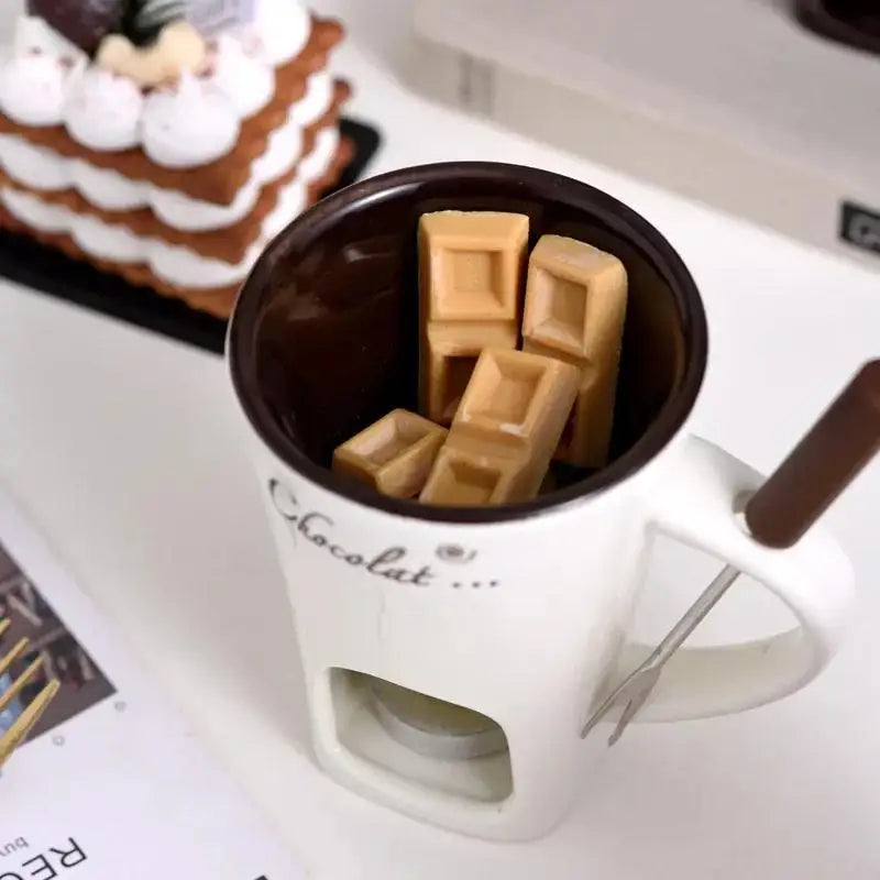 Copo de vela europeu queijo chocolate derretendo caneca cerâmica aquecimento comida caneca cerâmica com garfo criativo caneca café utensílios de mesa