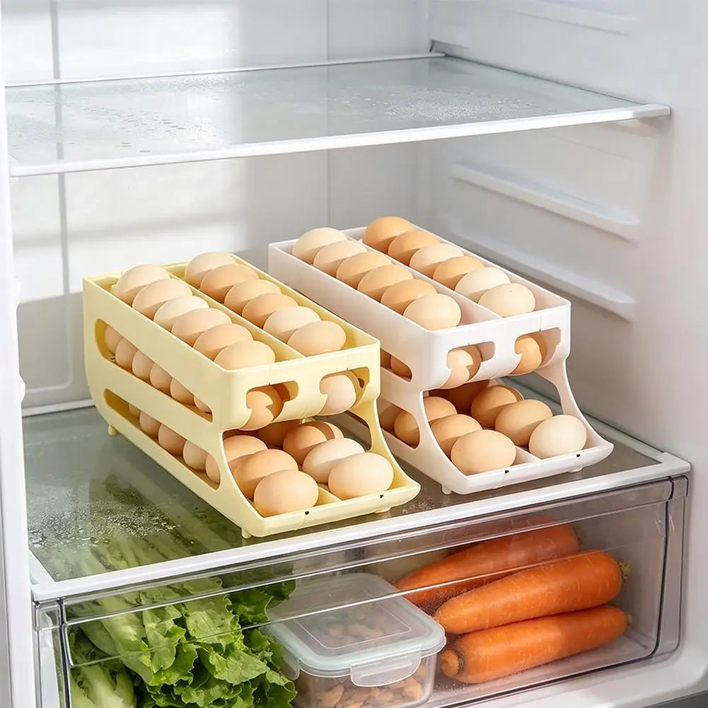 Organizador de ovos com rolagem automática para cozinha, dispensador de ovos de plástico, rack de armazenamento, suporte de ovos que economiza espaço para uso na geladeira, acessórios de cozinha