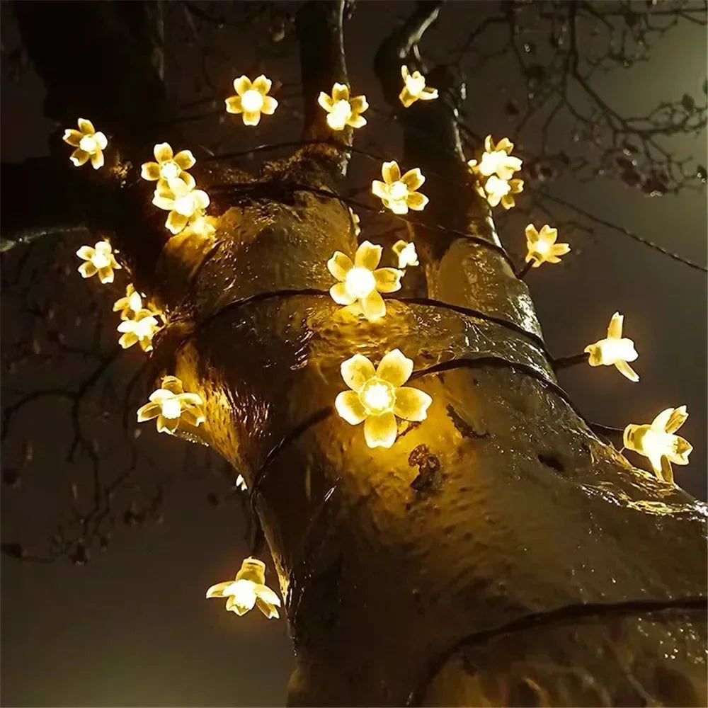 Luzes de Cordão LED Solares em Forma de Flor de Cerejeira para Decoração de Jardim e Pátio ao Ar Livre, Decoração de Natal e Casamento