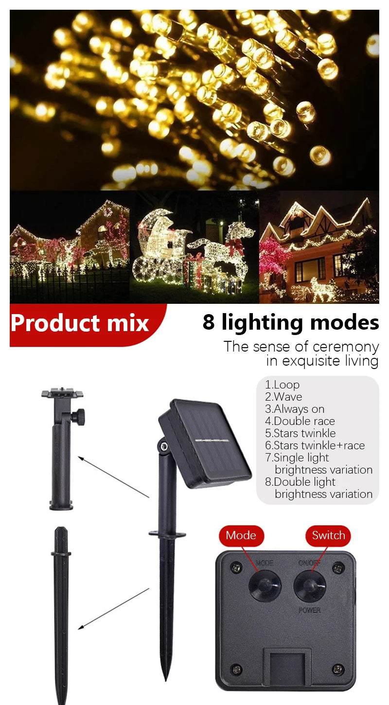 32m 22m 12m led luzes de corda solares vários modos painéis solares natal luzes ao ar livre à prova dwaterproof água estrelado luzes de fadas de natal