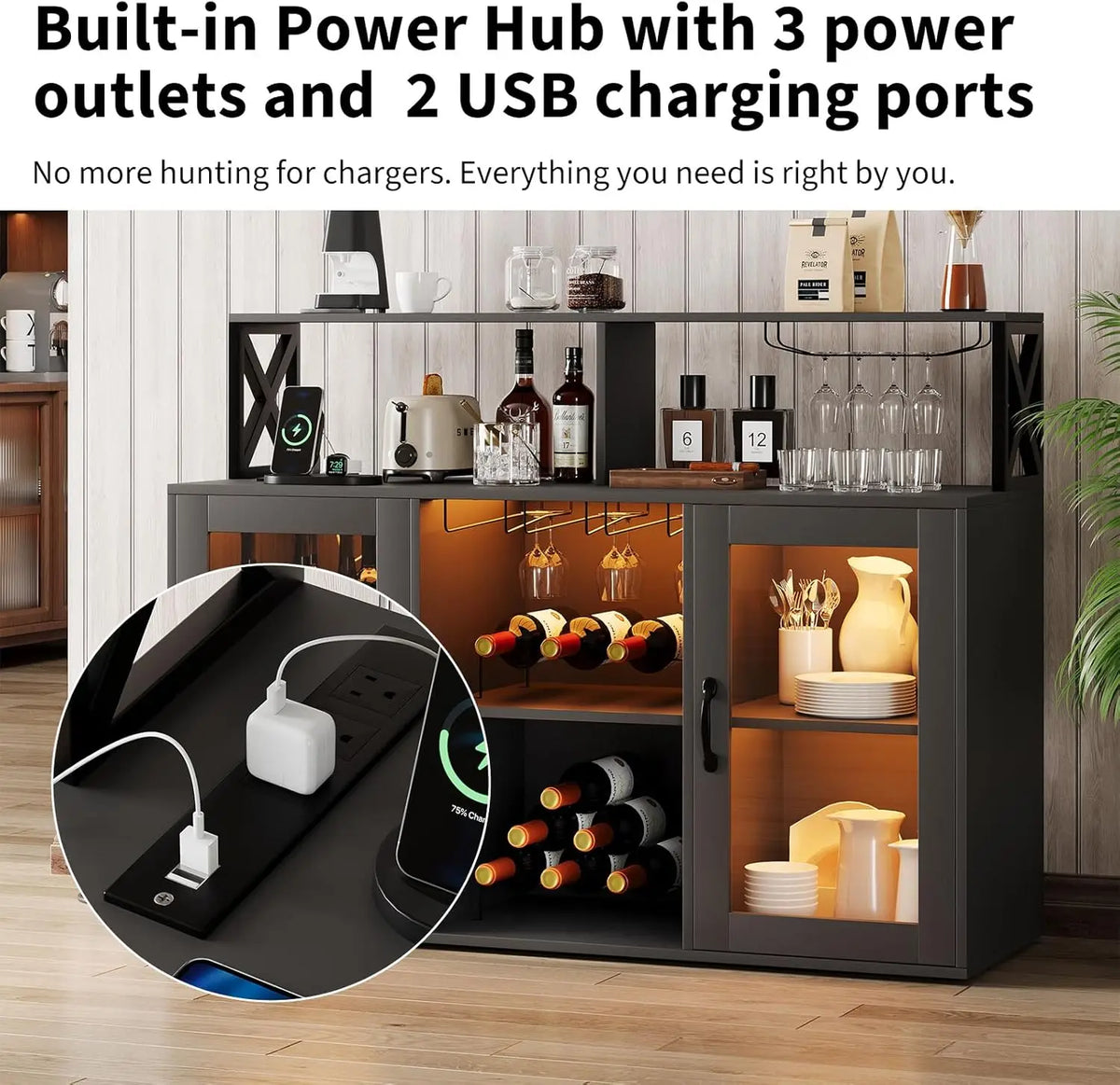 Armário de Vinhos com Iluminação LED e Tomadas, Armário de Bebidas Estilo Fazenda, Aparador de Madeira com Prateleiras para Vinhos e Suporte para Copos para Cozinha, Sala de Jantar, Sala de Estar