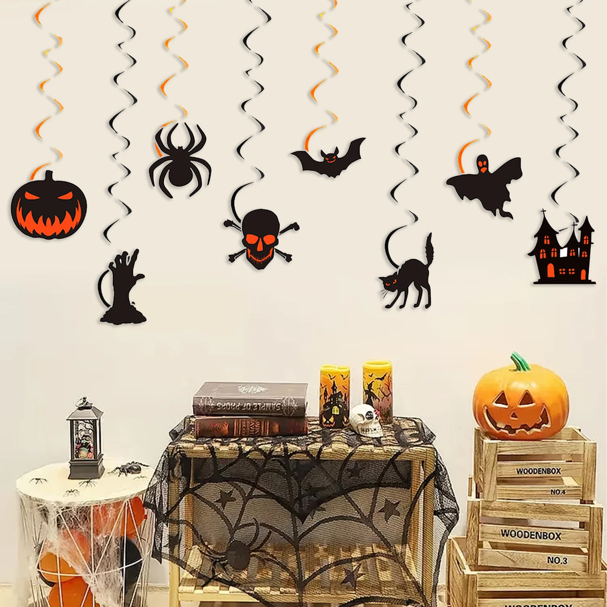 Decorações de Halloween para Pendurar, Enfeites de Teto com Abóbora, Aranha, Morcego, Caveira, Fantasma e Gato Preto, Decoração de Festa