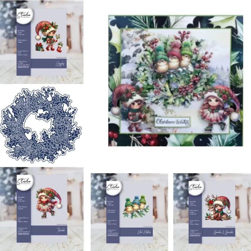 Cortador de Metal e Estêncil para Papel DIY de Álbum de Fotos com Temas de Natal: Brilho Cintilante, Confetes, Raminhos e Bagas