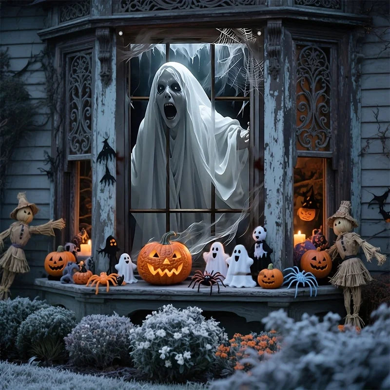 Decoração de banner para janela de Halloween, design de peça única, com padrões de fantasmas aterrorizantes, feito de tecido de poliéster.