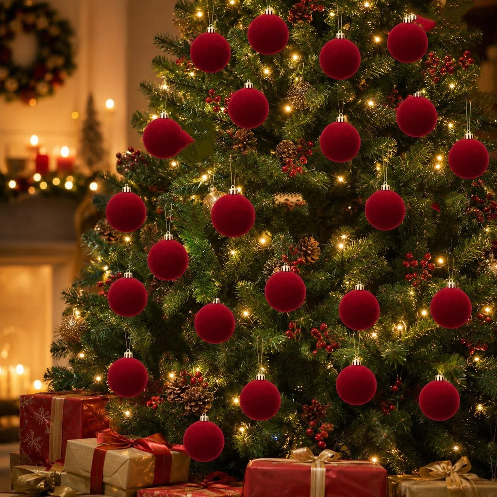 Conjunto de 34/16 Bolas de Natal em Veludo Borgonha, Decorações Perfeitas para Árvore de Natal - Enfeites de Bolas de Natal para Halloween, Ação de Graças, Aniversários e Casamentos, Decorações Duráveis de Plástico