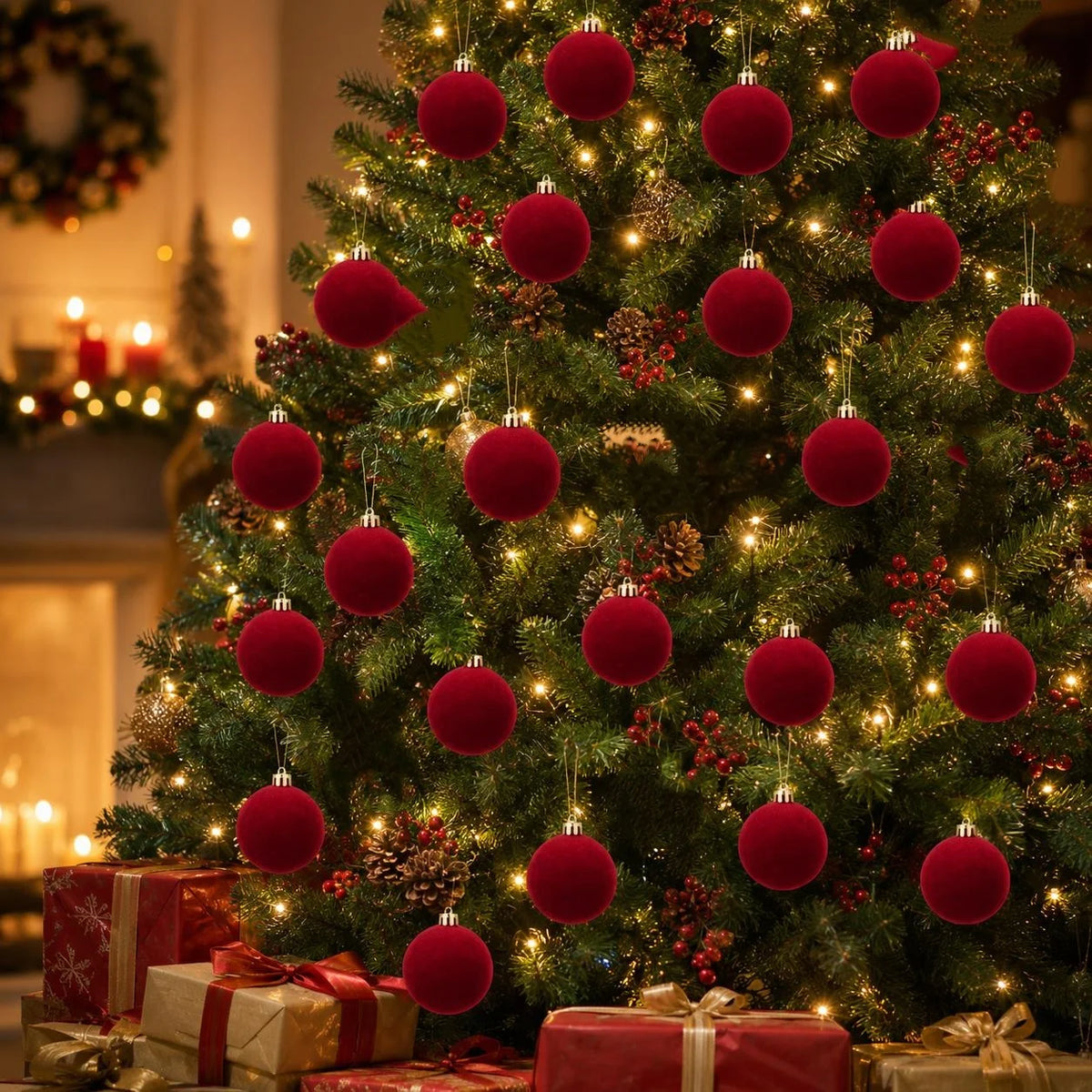 Conjunto de 34/16 Bolas de Natal em Veludo Borgonha, Decorações Perfeitas para Árvore de Natal - Enfeites de Bolas de Natal para Halloween, Ação de Graças, Aniversários e Casamentos, Decorações Duráveis de Plástico