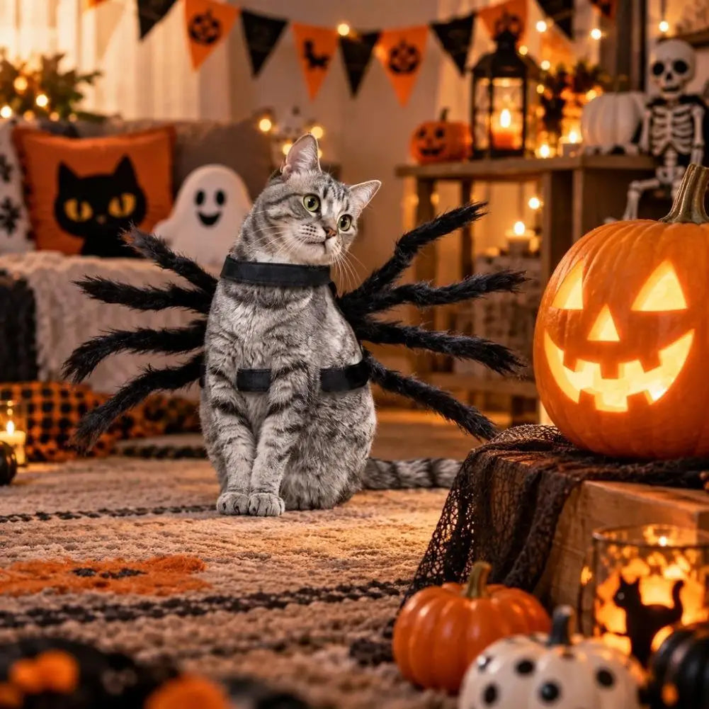 Fantasia de aranha para animais de estimação no Halloween, roupas engraçadas e realistas com pelúcia para cães e gatos, fantasia de cosplay para peito e costas, roupa de festa para cães de porte pequeno e médio