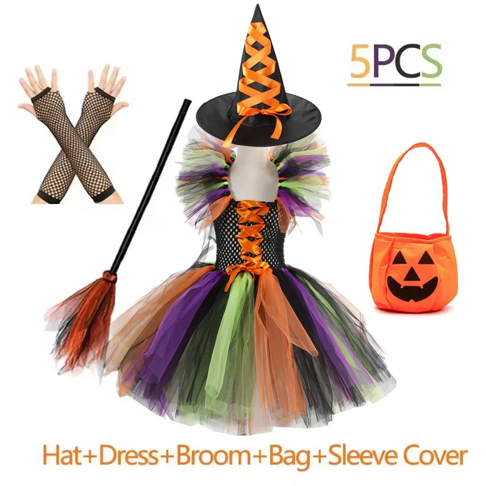 Crianças trajes de bruxa de halloween para meninas carnaval festa fantasia vestido crianças bruxas disfarce tutu roupa com vassoura chapéu