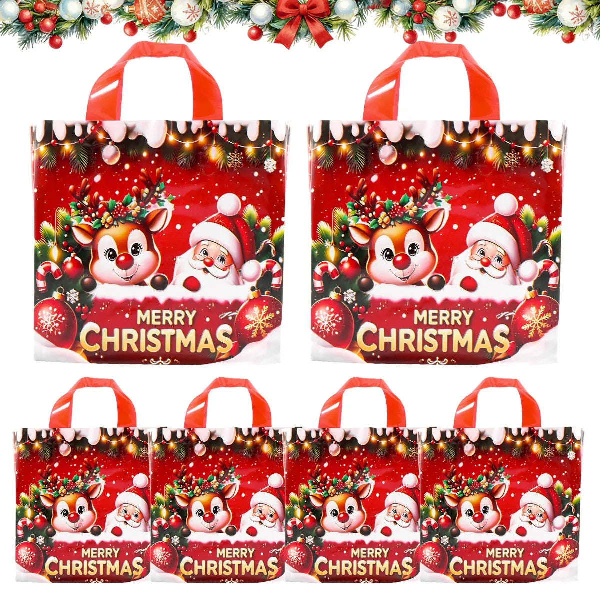 6 Sacolas de Presente de Natal com Tema Papai Noel e Rena, Sacolas de Embalagem para Presentes de Ano Novo 2026, Decoração Natalina para Casa