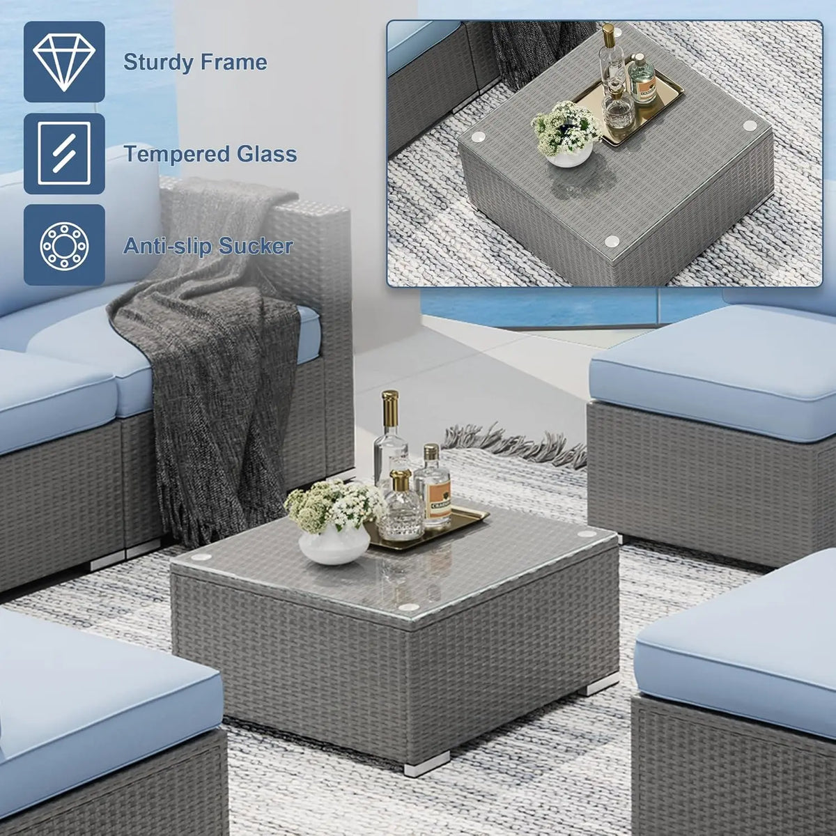 Conjunto de Móveis para Pátio Externo de 7 Peças, Sofá Seccional Cinza de Vime com Mesa de Centro, Personalizável