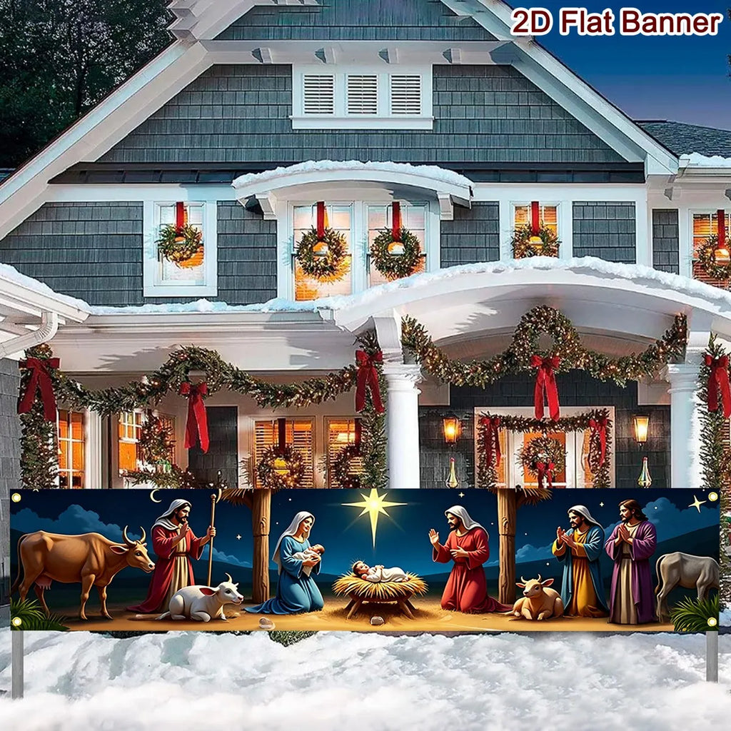 Banner de Cena de Natividade de Natal 200*40cm, Fundo de Poliéster para Decoração de Festa em Casa, Interior e Exterior, Decorações de Natal 2026