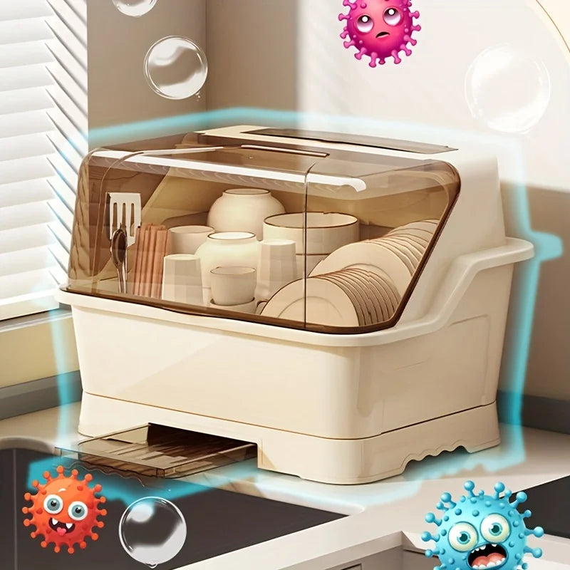 Prateleira com tampa - Armário de armazenamento de cozinha que economiza espaço e à prova de poeira, cor creme, organizador de talheres multifuncional com escorredor, adequado para bancadas e armários, rack de pratos para