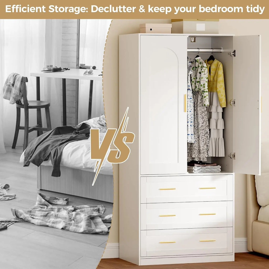 Guarda-roupa de madeira com 3 gavetas e varão para pendurar, 2 portas, armário independente para roupas no quarto, 71", personalizável